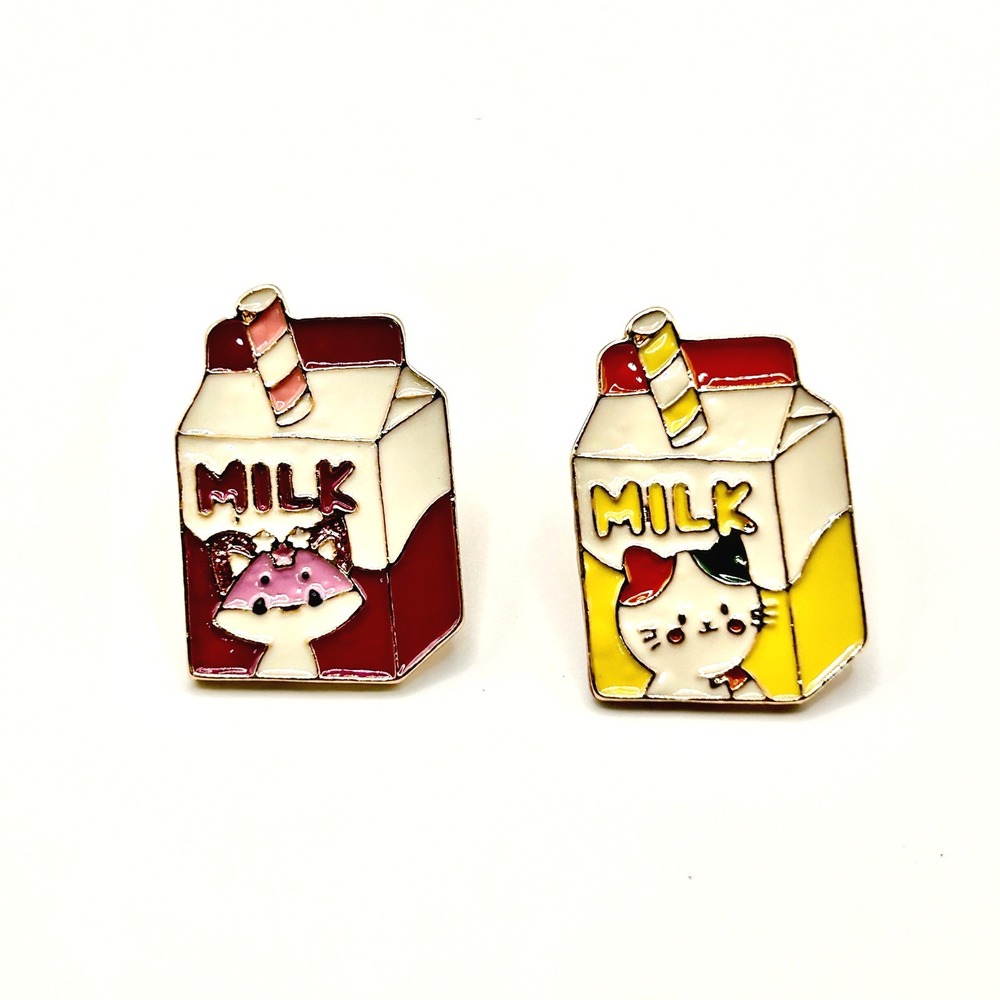 Cat Milk Carton Enamel Pin Set OS Red Yellow Kawaii Kitten Anime Lapel Jewelry